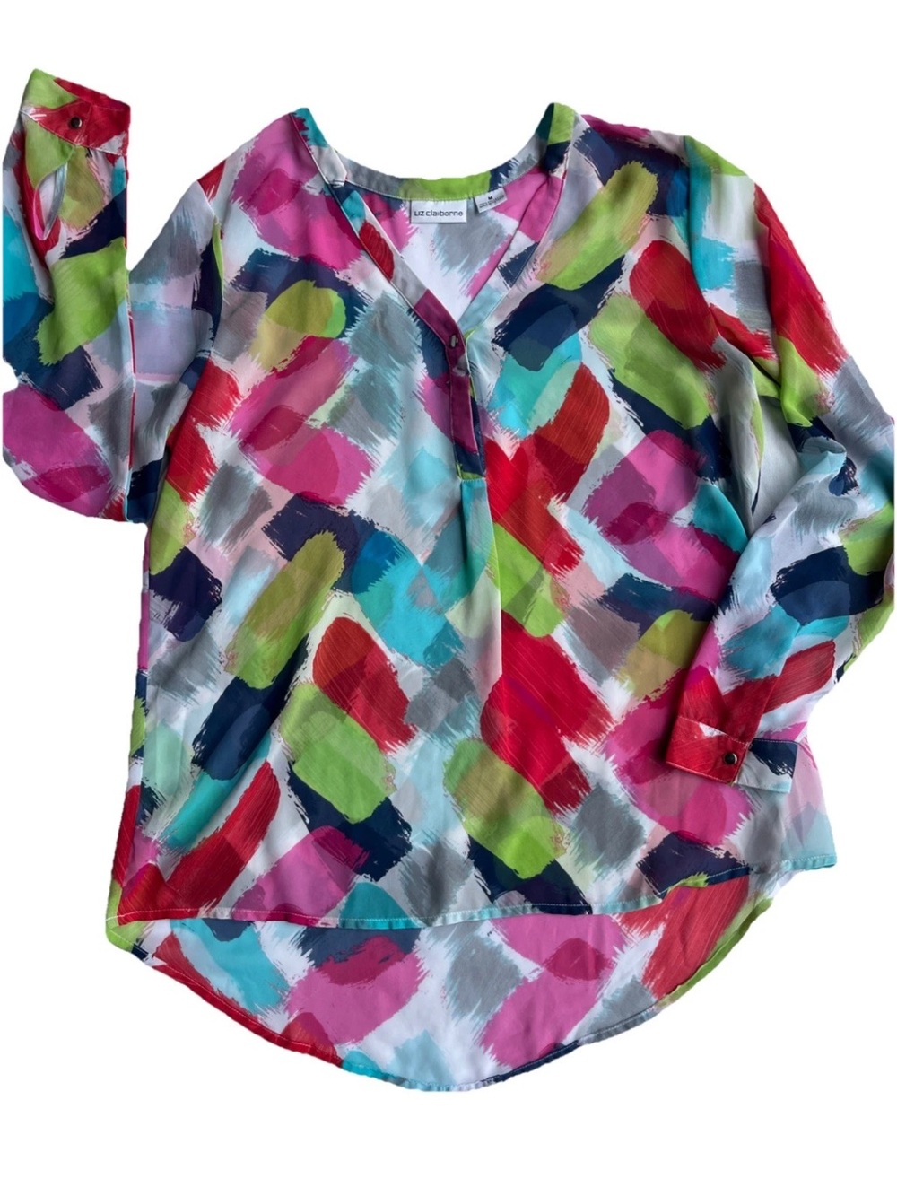 Liz Claiborne Multicolor Brushstroke V-Neck Blouse - Pink, Blue, Green, Red